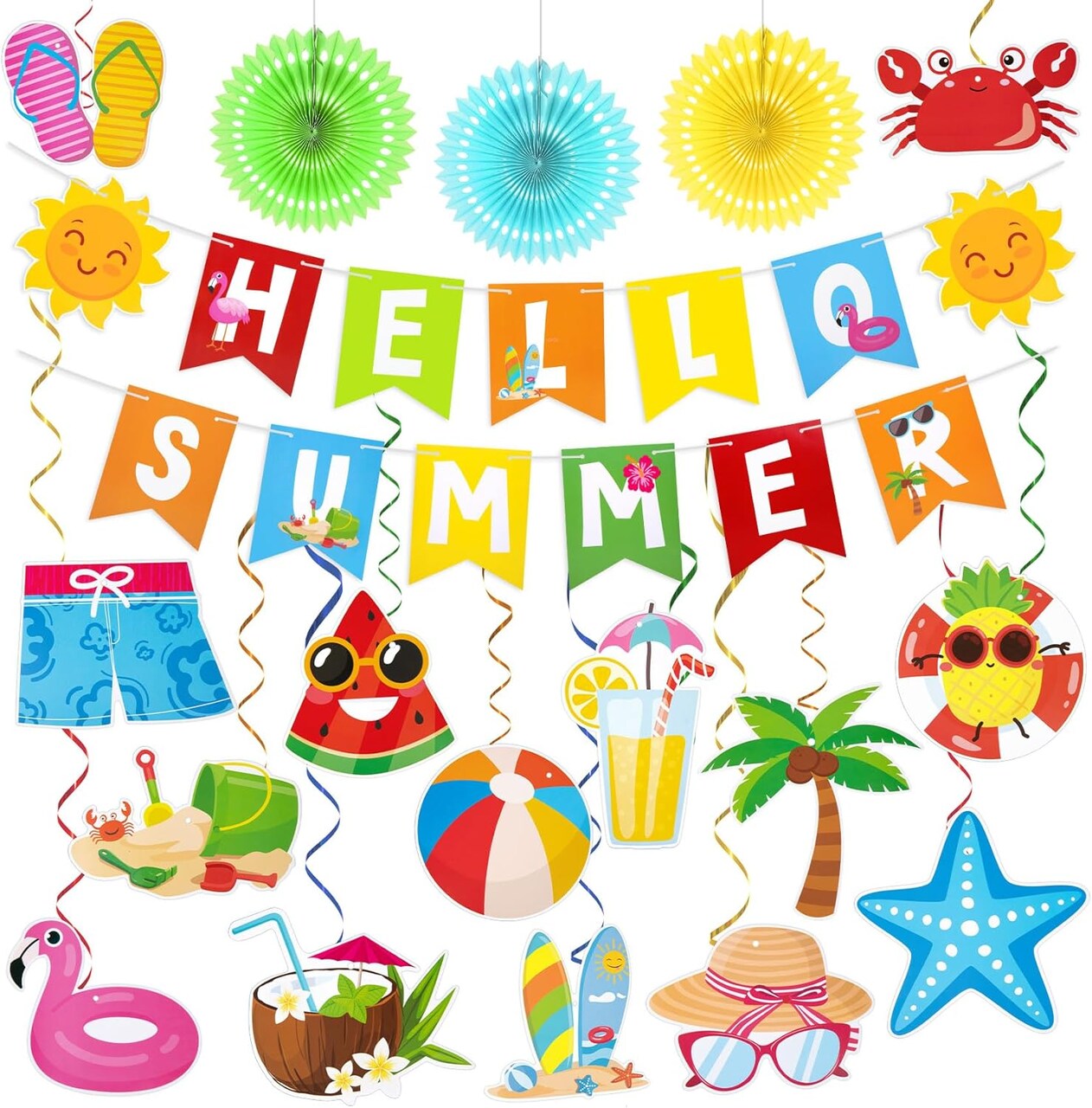 Summer Pool Party Decorations, Hello Summer Banner Paper Lanterns Beach Hanging Streams Decor for Hawaiian Luau Tropical Vacation Outfit Birthday Party Supplies Favors